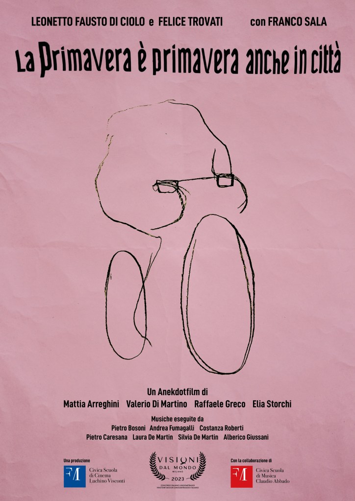 Manifesto del film 'La Primavera è primavera anche in città', con disegni stilizzati di biciclette su sfondo rosa. Presenta i nomi dei registi e il cast.
